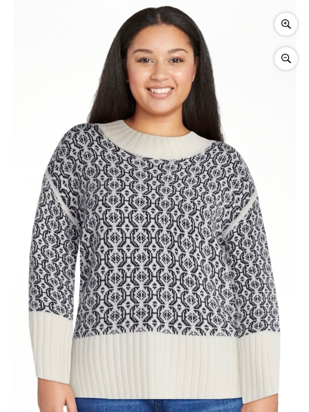 Plus-Size Cream and Black Geometric Crewneck Sweater